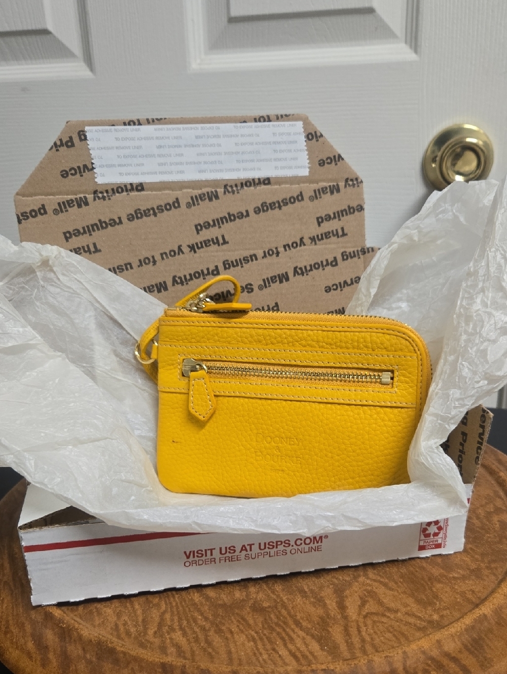 Dooney& Bourke Yellow Pebbled Leather Zip Card Case Wristlet